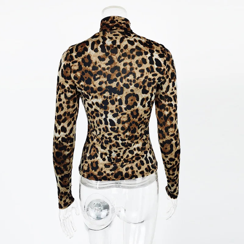 Women Leopard Print Long Sleeve Turtleneck Crop Top Casual Slim Ice Silk Tee