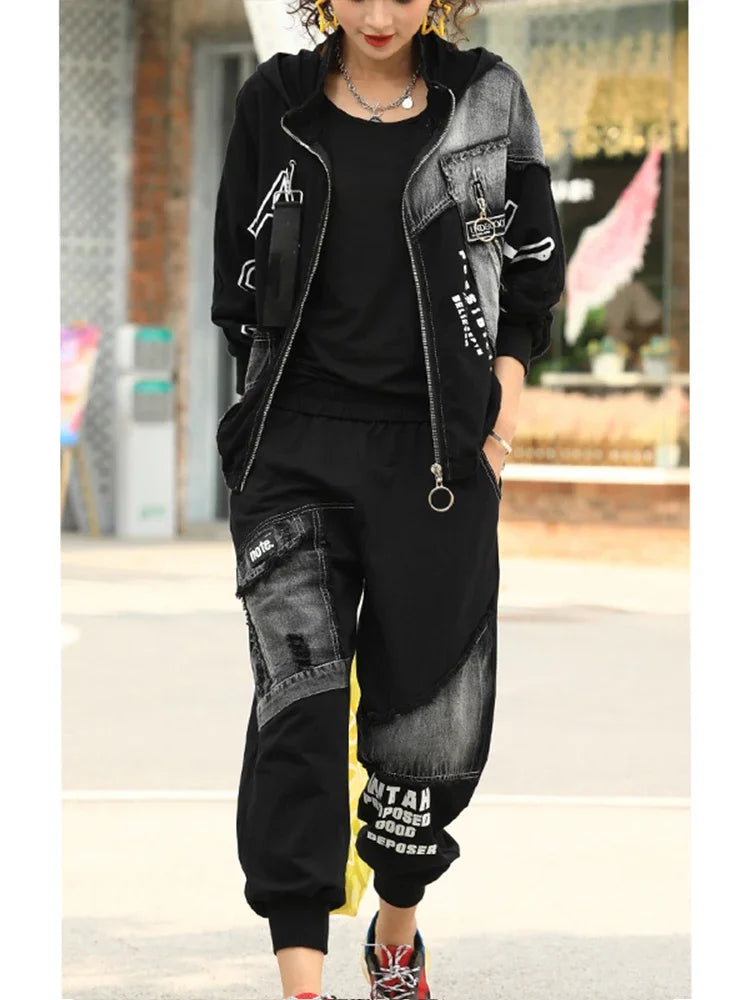 Spring Punk Fashion Women's Two Piece Set with Loose Hooded Jacket and Classic Fitness Pants