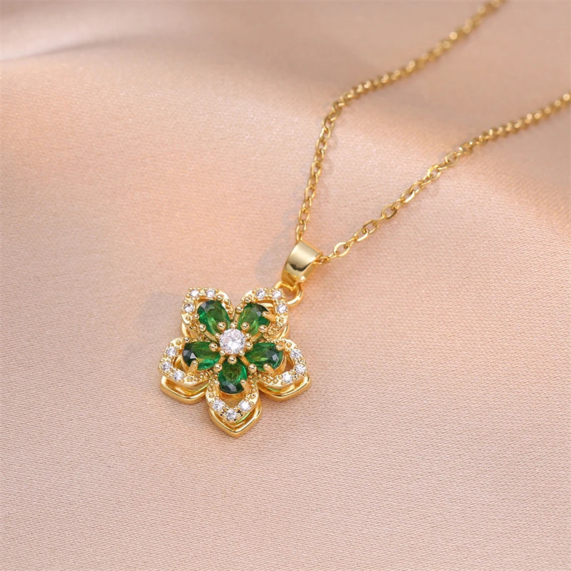 Gold Plated Shiny Zircon Flower Pendant Necklace for Women Elegant Choker Jewelry for Weddings and Parties