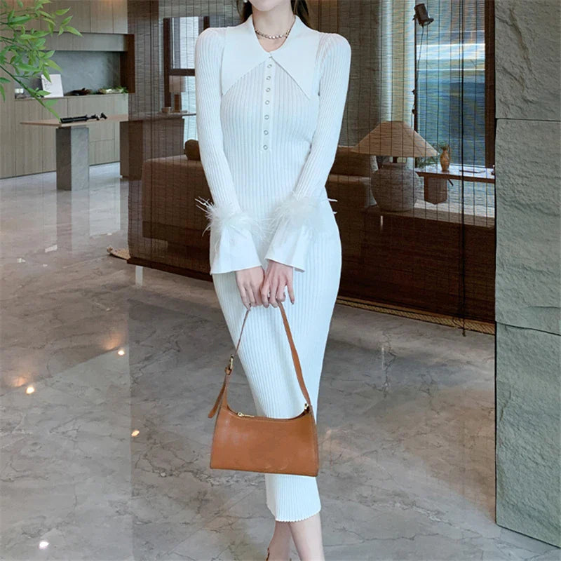 Polo Collar Wrap Knit Dress for Women Long Sleeve Bodycon