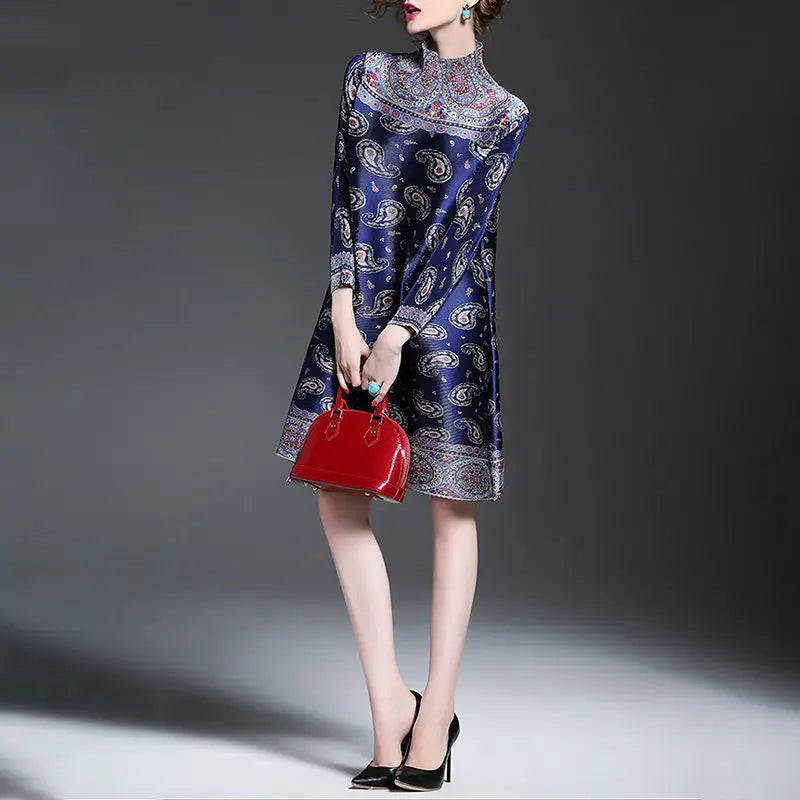 Retro Pleated High Neck Plus Size Dress For Women Casual