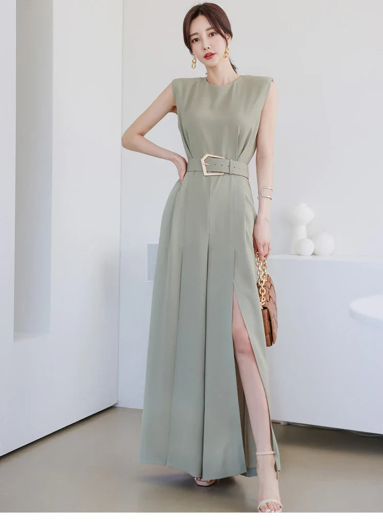 Elegant Women's Business Jumpsuit O-Neck Wide Leg Split Trousers Long Casual Workwear Romper