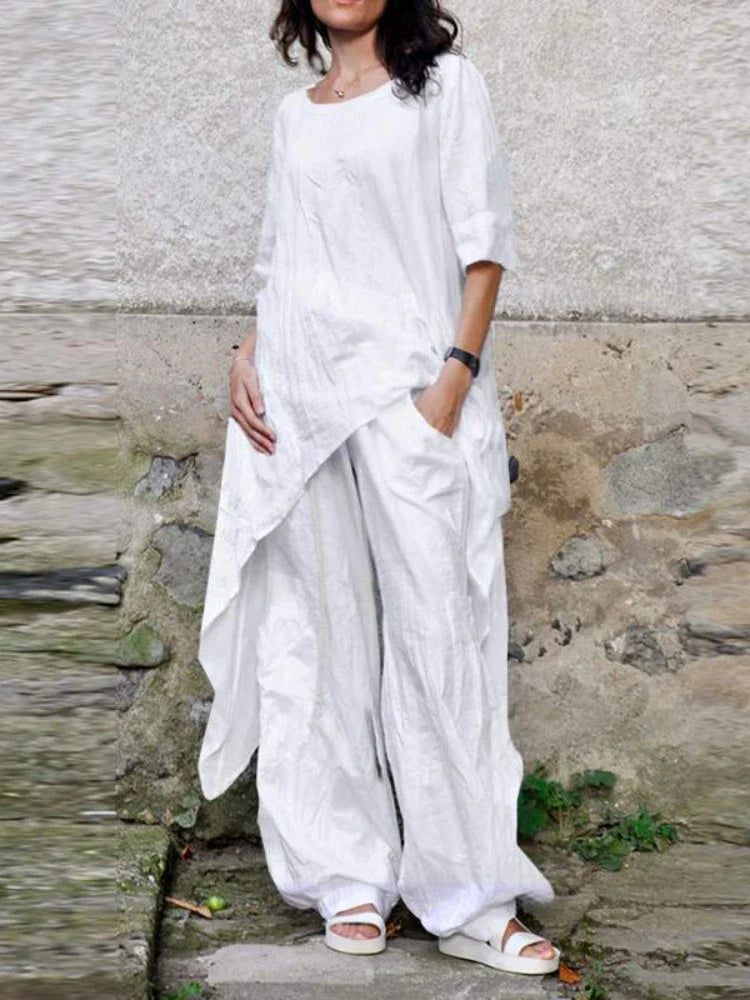 Casual Loose Cotton Linen Top with Irregular Hem and Elegant Loose Leg Pants Two Piece Set