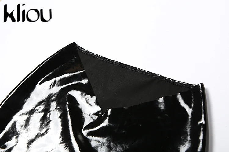 Shiny Solid Two Piece Set for Women Sexy Wrapped Chest Crop Top and Irregular Shape Skinny Hip Skirt Midnight Party Clubwear