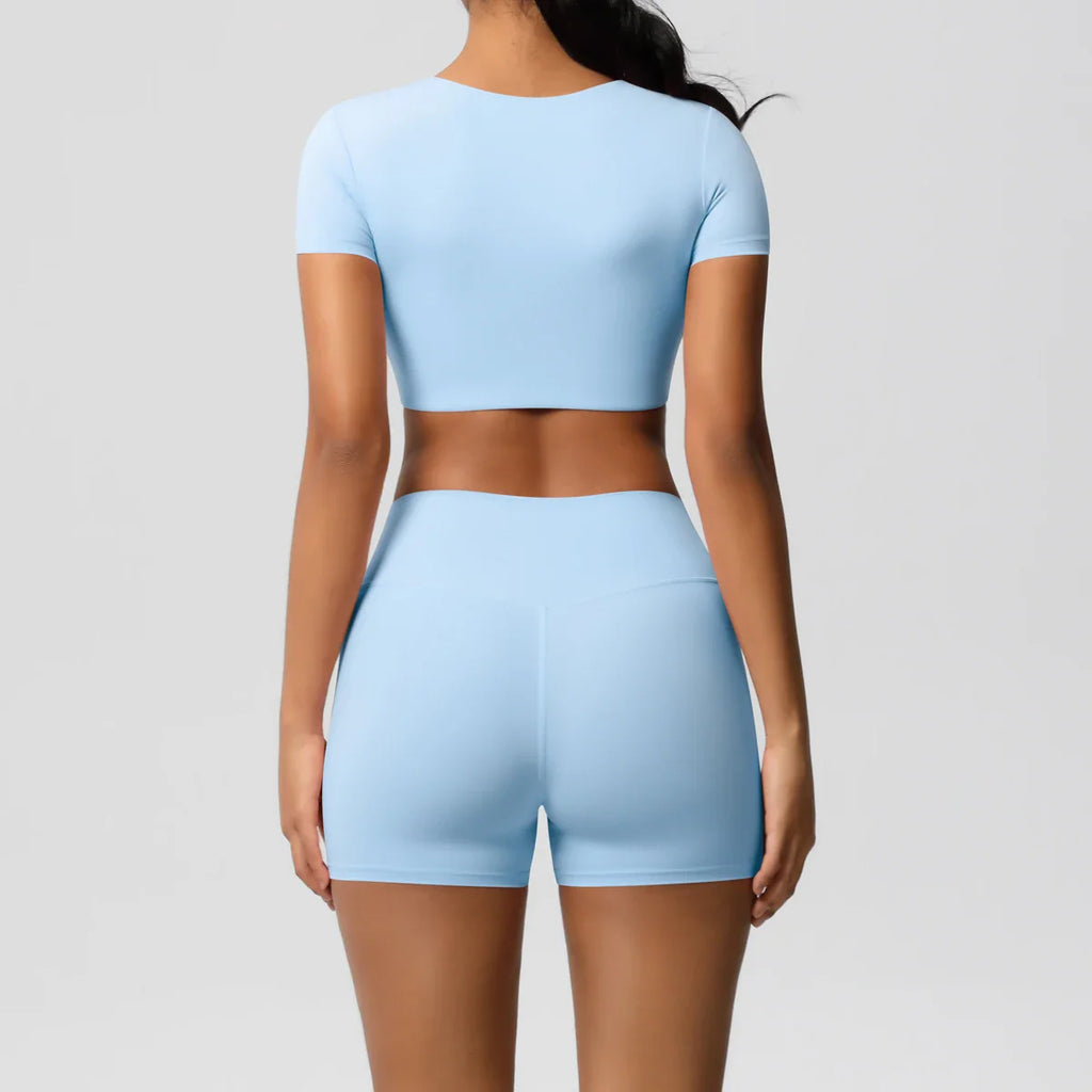 2PCS Women's Fitness Yoga Set High Waist Shorts with Short Sleeve Gym Top Seamless Sportswear Tracksuit for Activewear