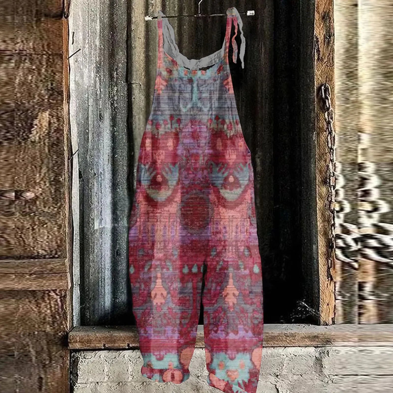 Women's Floral Print Cotton Linen Jumpsuit Loose Vintage Casual Shoulder Strap Romper