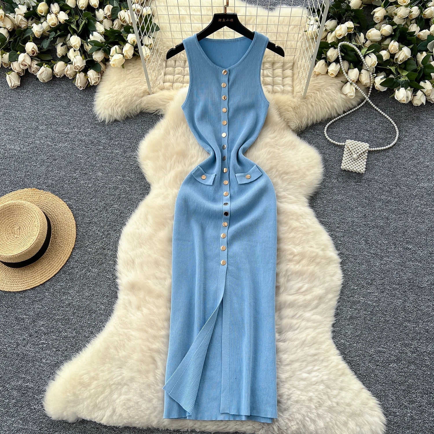 Elegant Solid Knitted O Neck Sleeveless Midi Dress Buttons