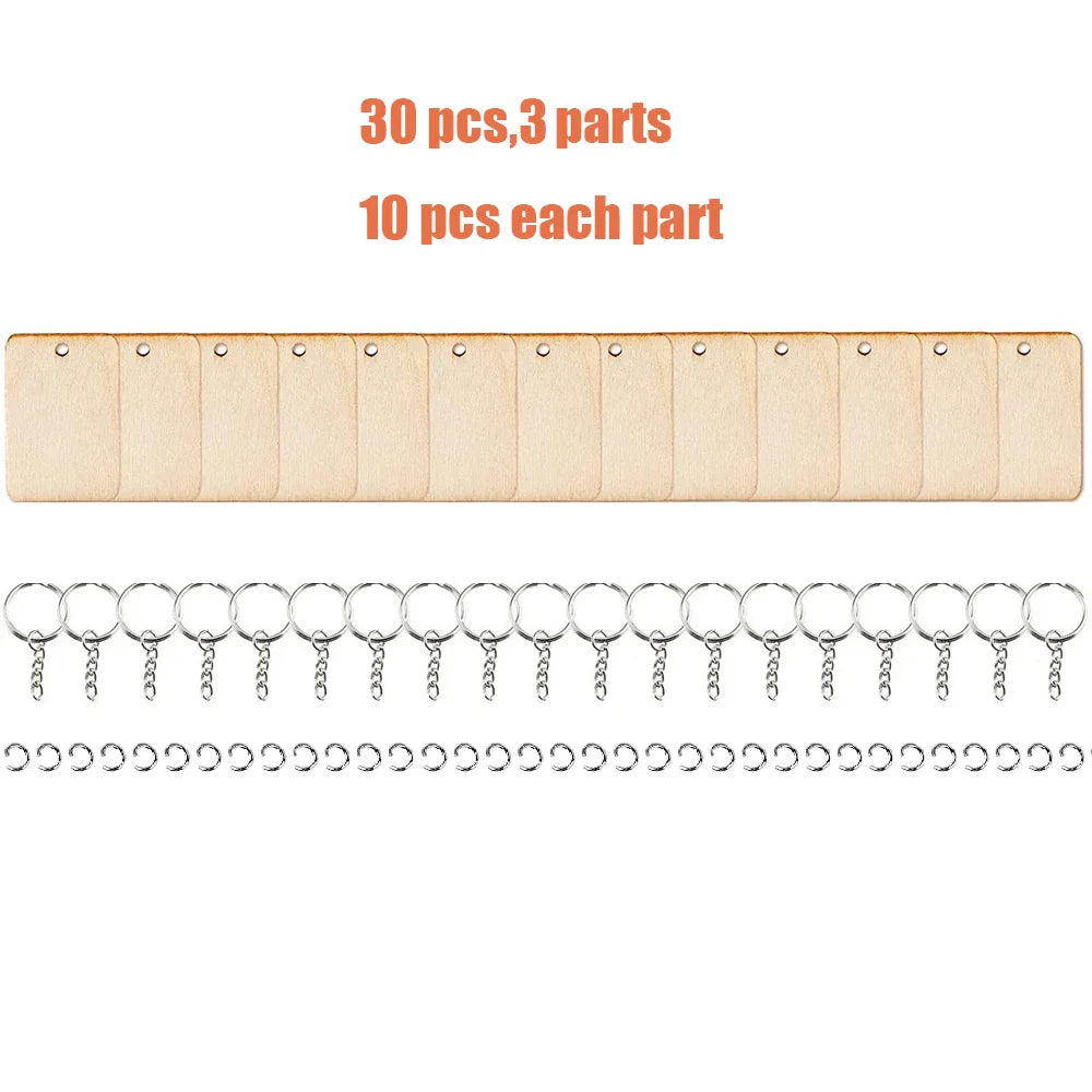 30 Piece Wooden Keychain Blanks Set with Rectangle and Round Ornaments for DIY Crafts