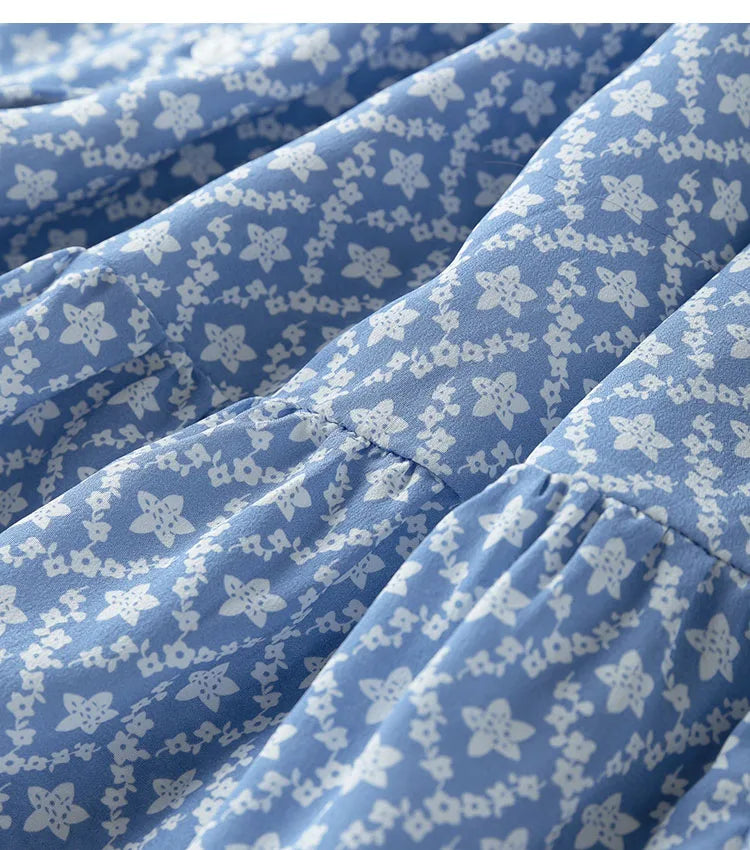 Silk Midi Dress For Women Blue Floral Ruffles V Neck