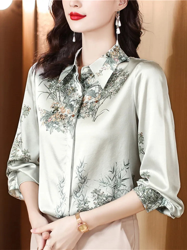Elegant Floral Blouse for Women Spring Luxury Office Lady Shirt Basic Feminine Tops