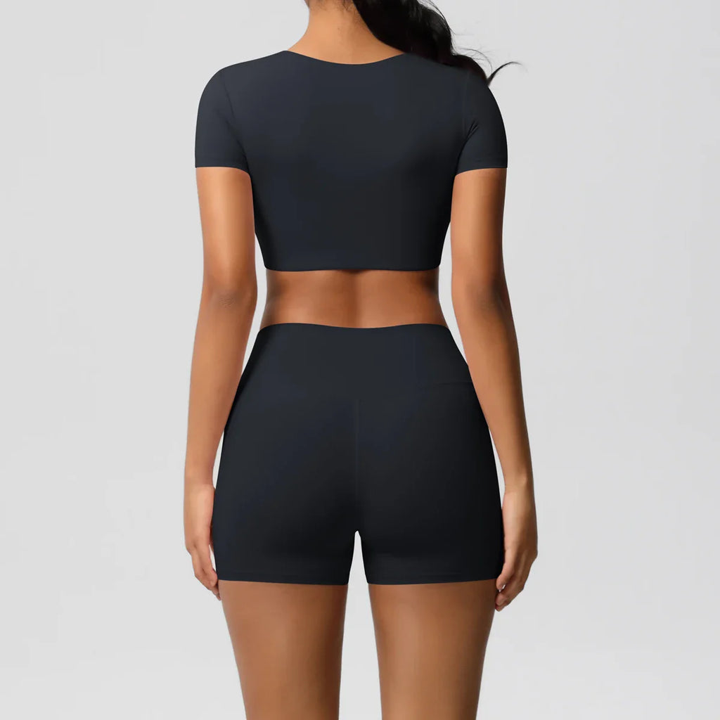 2PCS Women's Fitness Yoga Set High Waist Shorts with Short Sleeve Gym Top Seamless Sportswear Tracksuit for Activewear