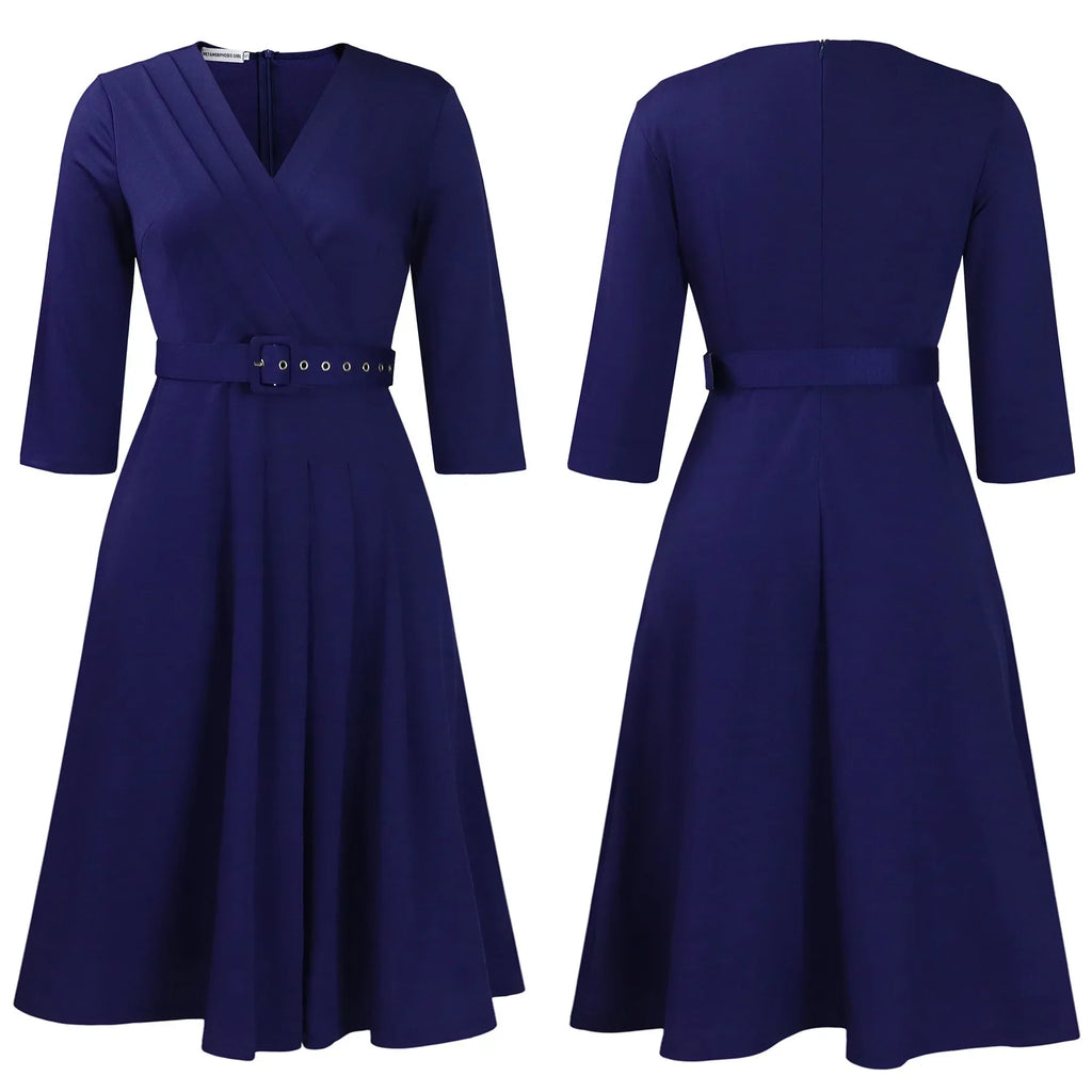 V Neck Office Dress For Women Belted Pleated Mid Calf