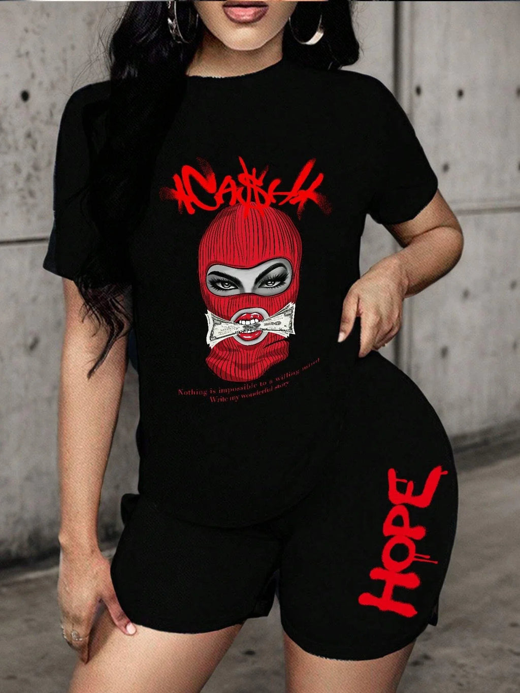 Breathable Cotton Two Piece Set Featuring Lady Wearing Mask Print Short Sleeve T-Shirt and Soft Polyester Hip Hop Style Shorts for Women