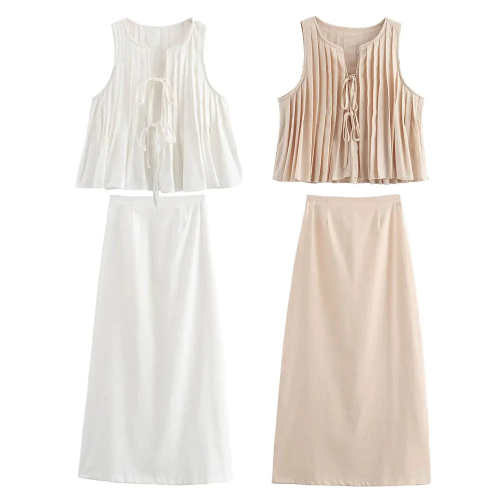 Women's 2-Piece Fashion Set Solid Pleated Vest Top and High Waist Midi Skirt Chic Coordinated Outfit for Elegant Style