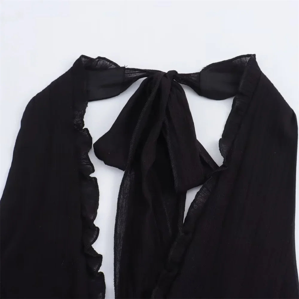 Backless Summer Dress Black Floral Layered V Neckline