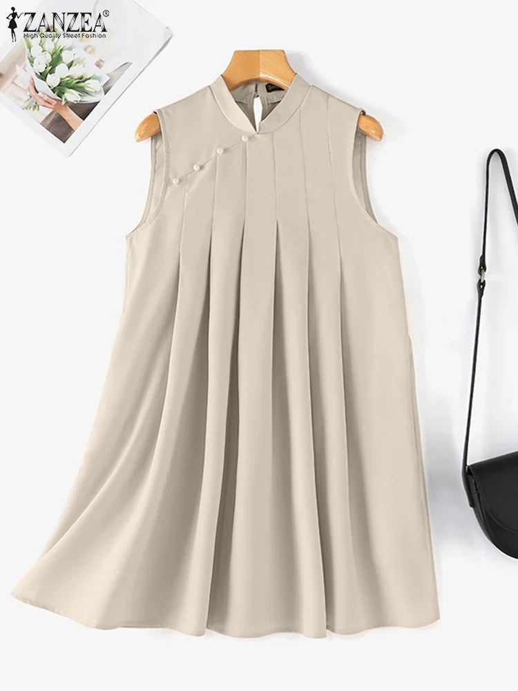 Mandarin Collar Pleated Sundress Women Sleeveless A Line