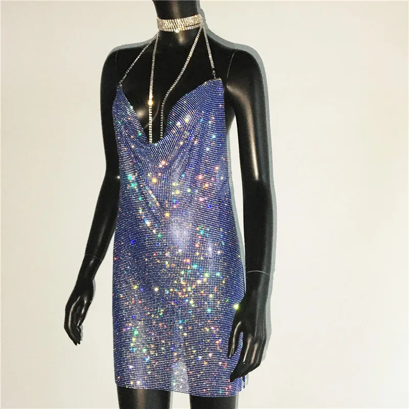 Sequin Rhinestone Backless Mini Dress For Nightclub Party