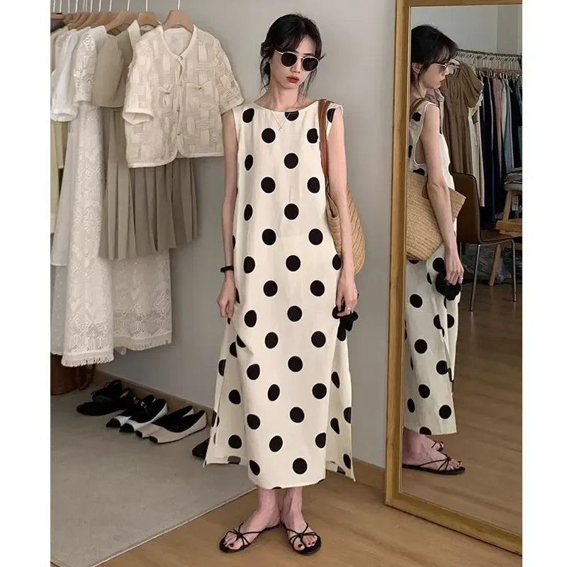 Sleeveless Maxi Dress For Women Side Slit Dot Print