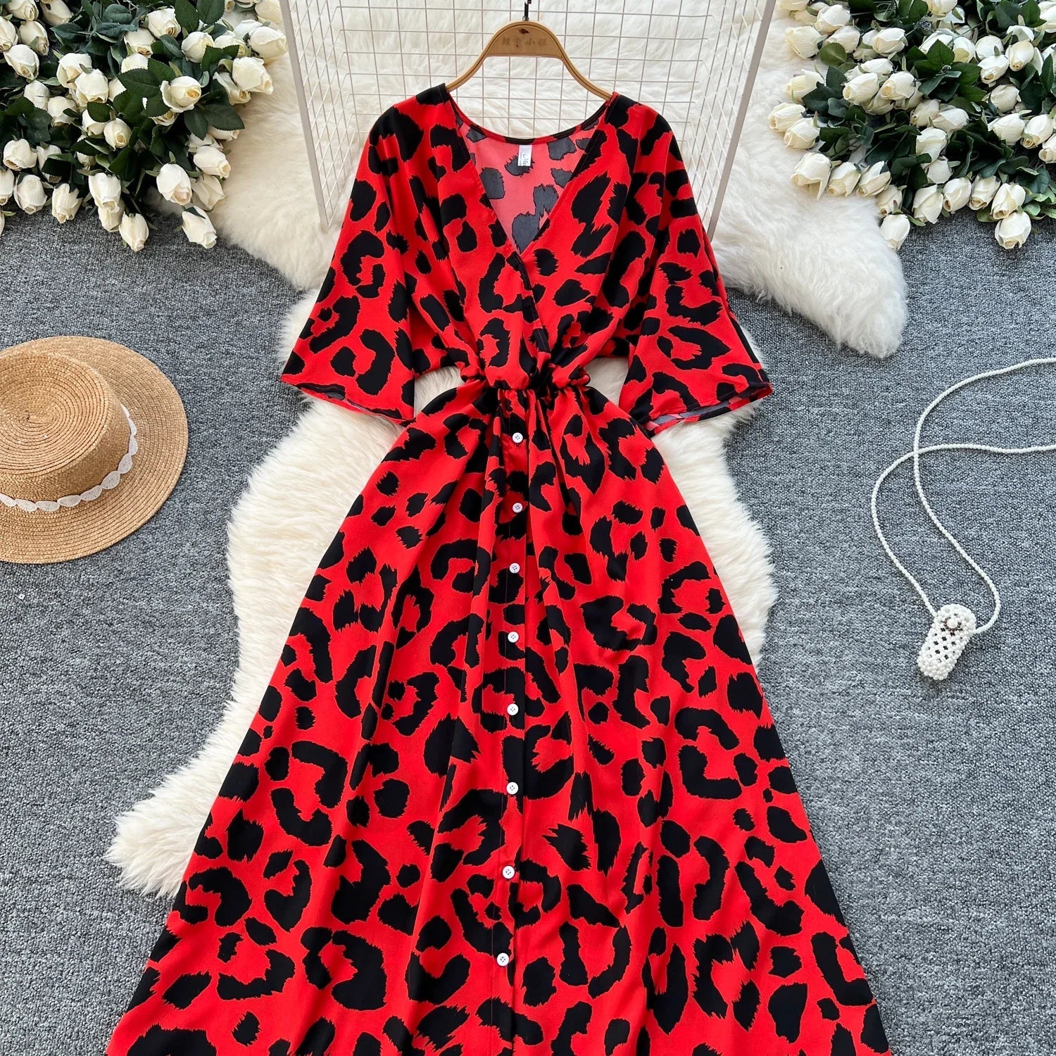 Ruched V Neck Office Dress Long Sleeve For Women Red