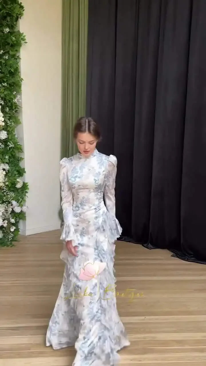 Satin Lace Up Printed Dress Long Sleeve Bodycon Evening Gown