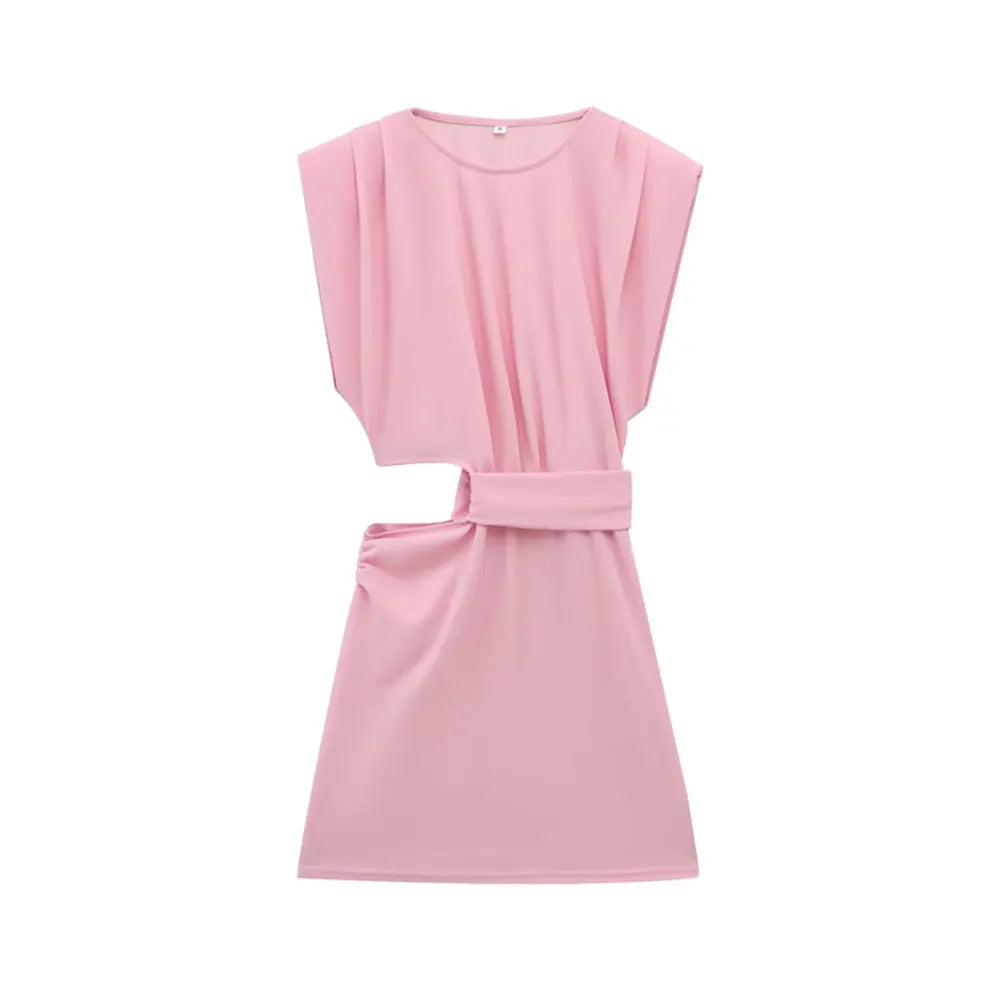 Hollow Out Draped Mini Dress O Neck Sleeveless Women