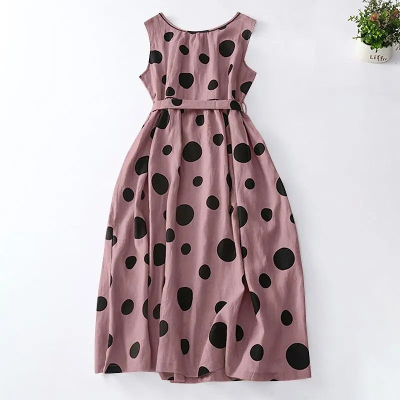 Polka Dot Kaftan Dress For Women Belted Waist Sleeveless