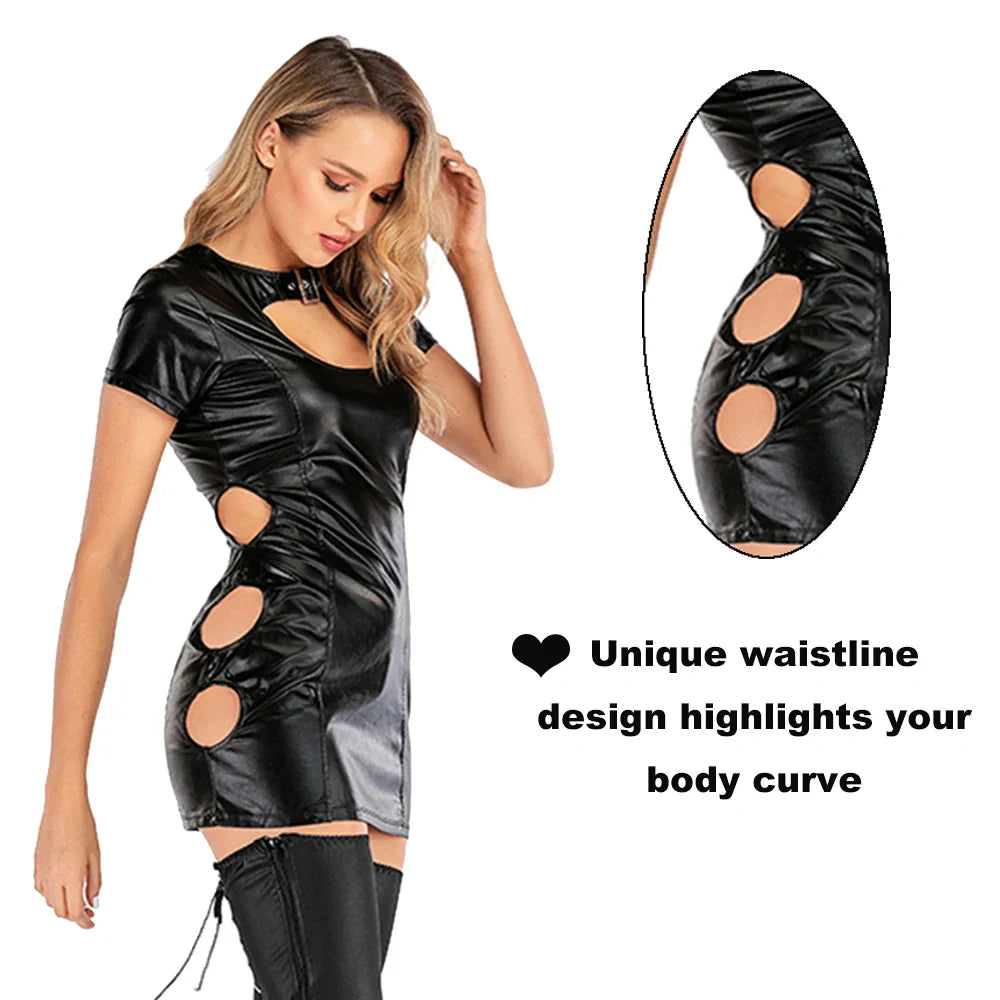 Wetlook Faux Leather Short Sleeve Bodycon Dress Open Bust