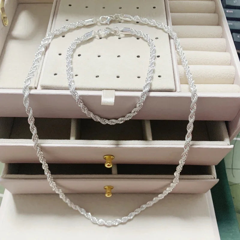 925 Sterling Silver Twisted Rope Chain Necklace and Bracelet Set for Men and Women High Quality Jewelry