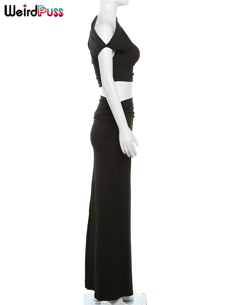 Weird Puss Skew Collar Elegant Women Two Piece Set Stretch Short Sleeve Crop Top and Bandage Maxi Skirt Matching Outfit