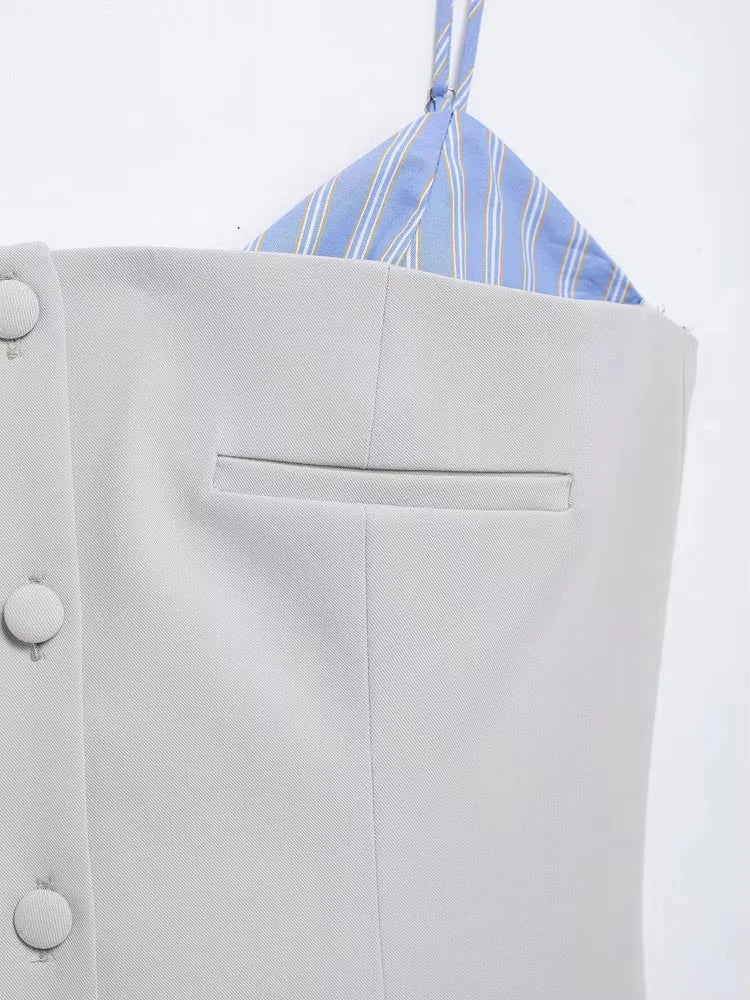 Patchwork Mini Dress With Adjustable Straps Front Buttons