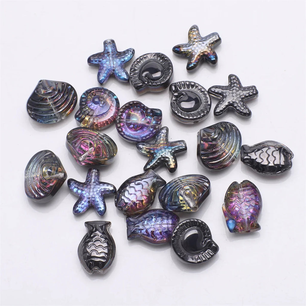 20 Pieces Mixed Shape Crystal Glass Beads for DIY Jewelry Making Including Starfish Snail Shell and Small Fish