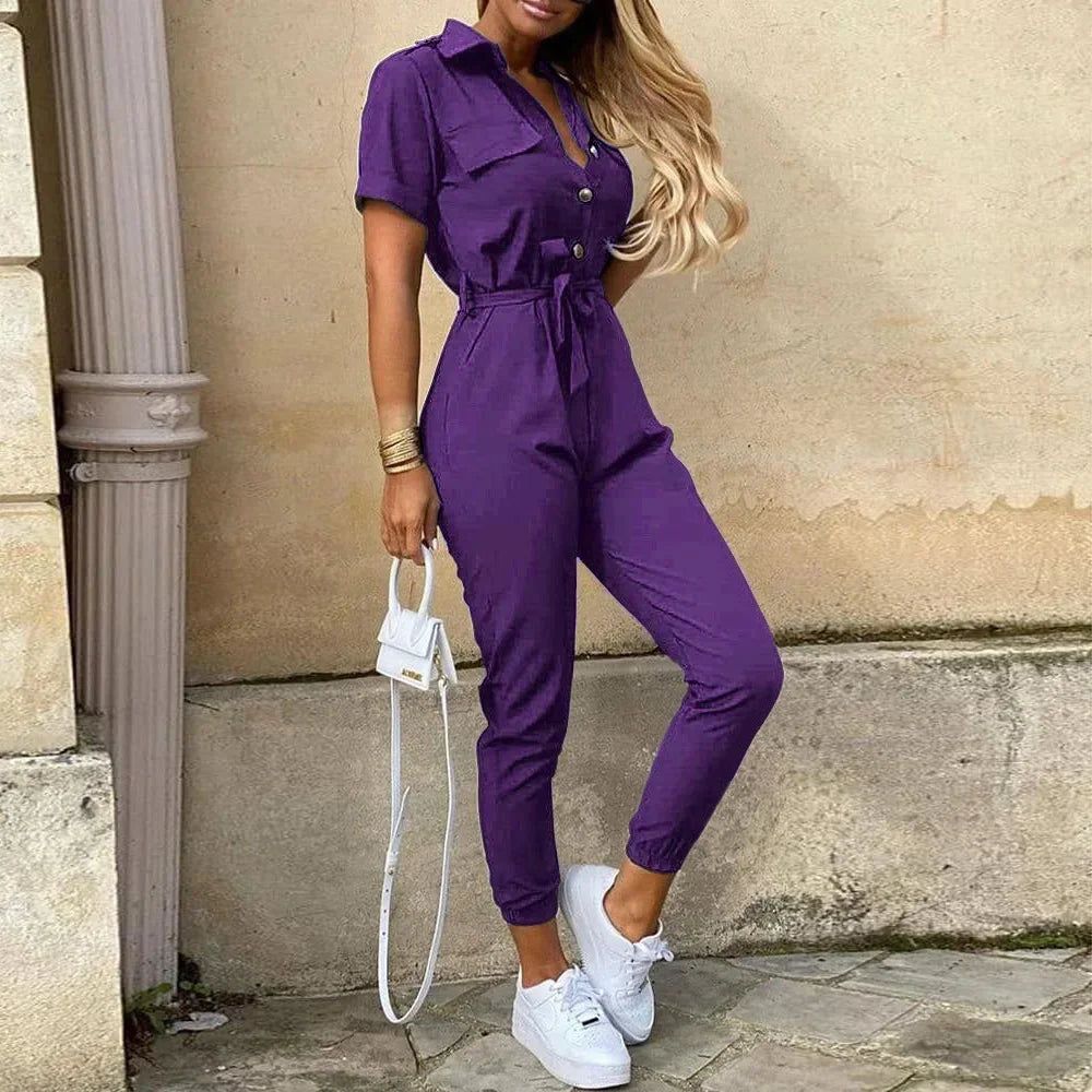 Casual Chic Overalls for Women Lapel Lace-Up Print Belted Work Jumpsuit One-Piece Bodysuit Elegant Long Sleeve Jumpsuit with Stylish Fit