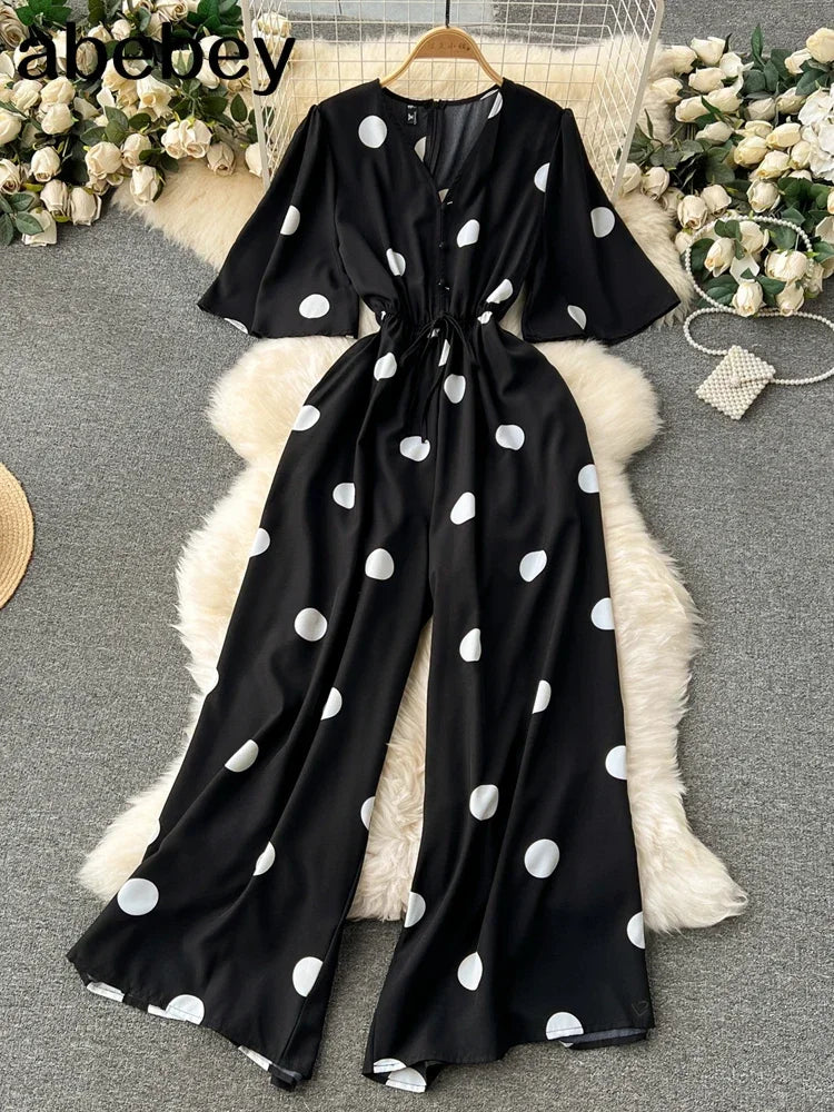 Women Wide Leg Polka Dot Jumpsuit with V Neck Dolman Sleeves and Slim Waist Design