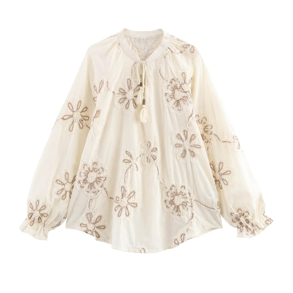 Womens Flower Embroidered Cropped Blouse Loose Tassel Lantern Sleeve Round Neck Chic Top
