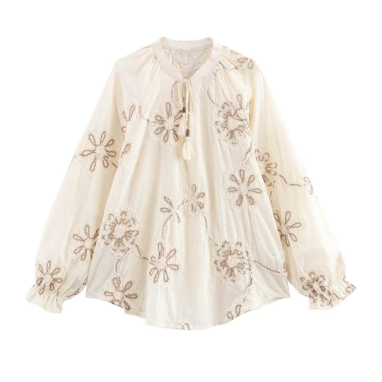 Womens Flower Embroidered Cropped Blouse Loose Tassel Lantern Sleeve Round Neck Chic Top