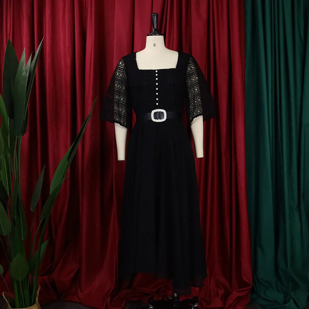 Square Neck Lace Dress Belt A Line Flare Sleeve Mid Calf