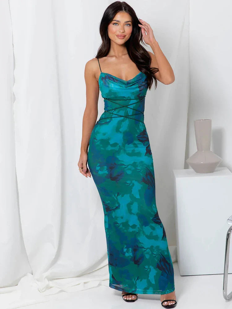 Floral Spaghetti Straps Maxi Dress Backless Evening Party