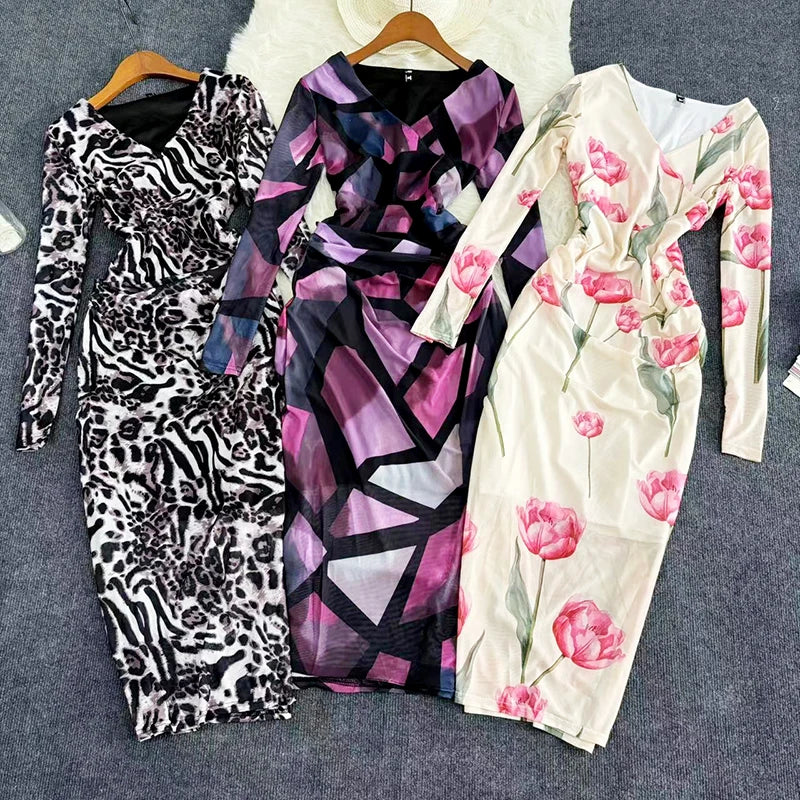 Mesh Print Maxi Dress With V Neck Full Sleeve Bodycon