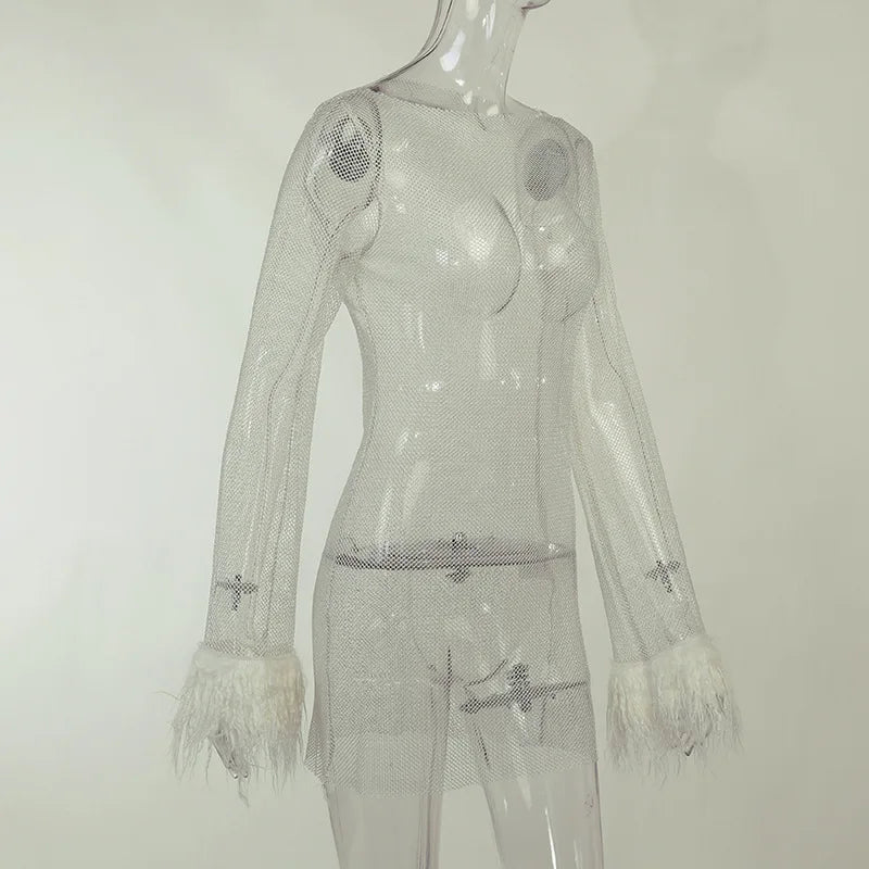 Black Mesh Bodycon Dress Long Sleeve Women Clubwear