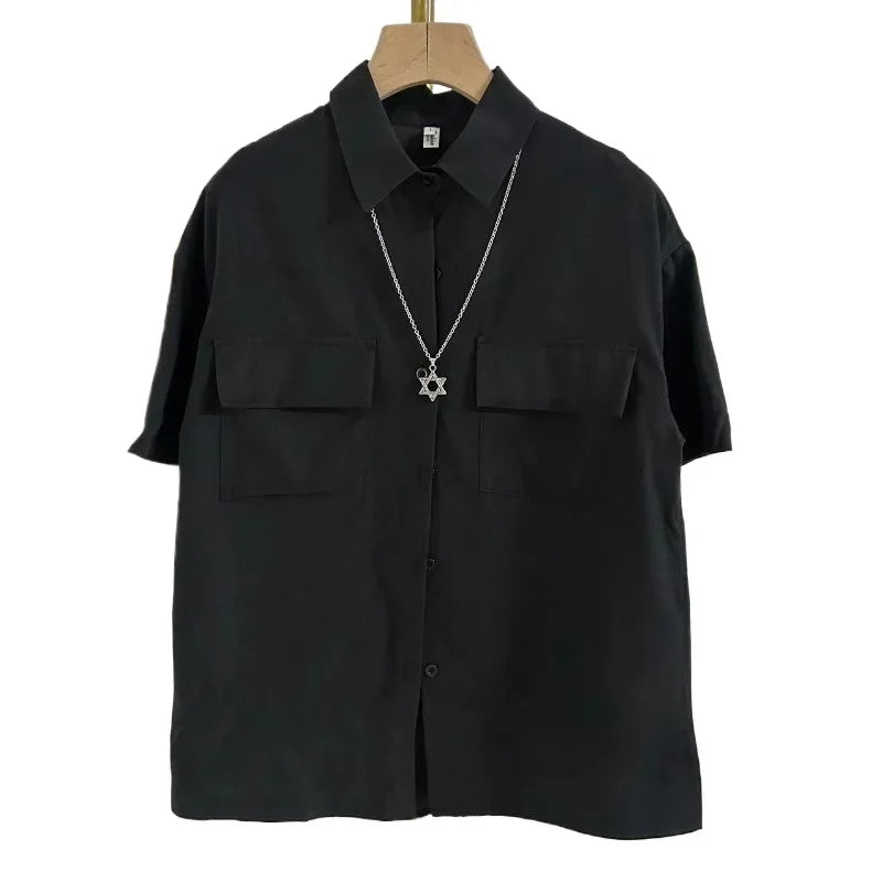 Women's Black Blouse with Necklace Decoration Summer Shirt Loose Fit Short Sleeve Pocket Design Preppy Collar Stylish Blusas