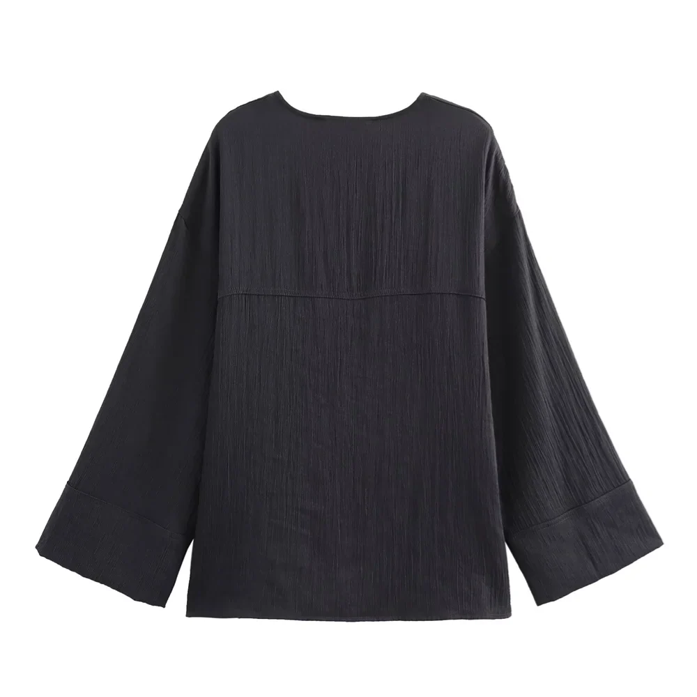 Elegant Kimono Style Women's Long Sleeve V Neck Shirt Jacket and Matching Long Pants Set with Textured Fabric and Refined Temperament