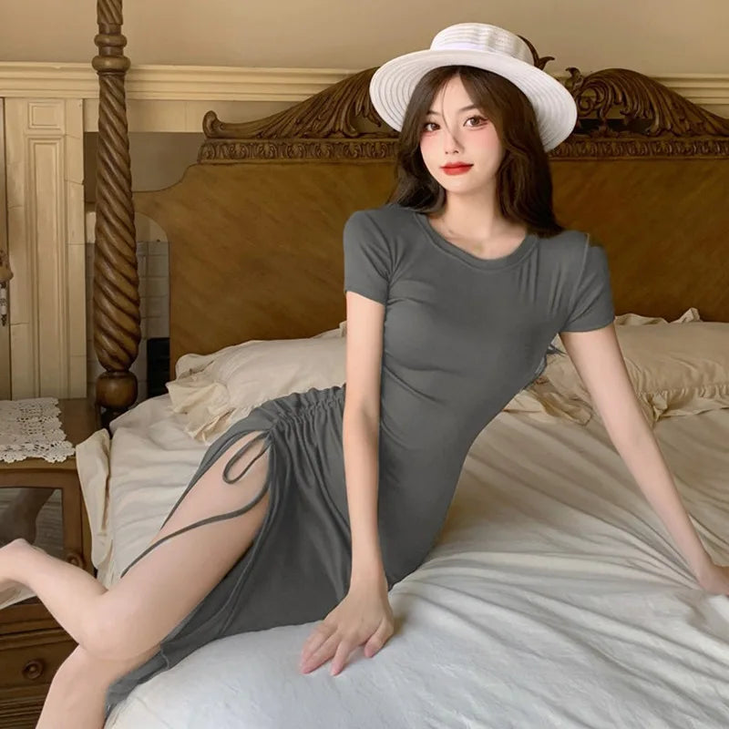 Summer Dress With Drawstring Side Slit Irregular Hem