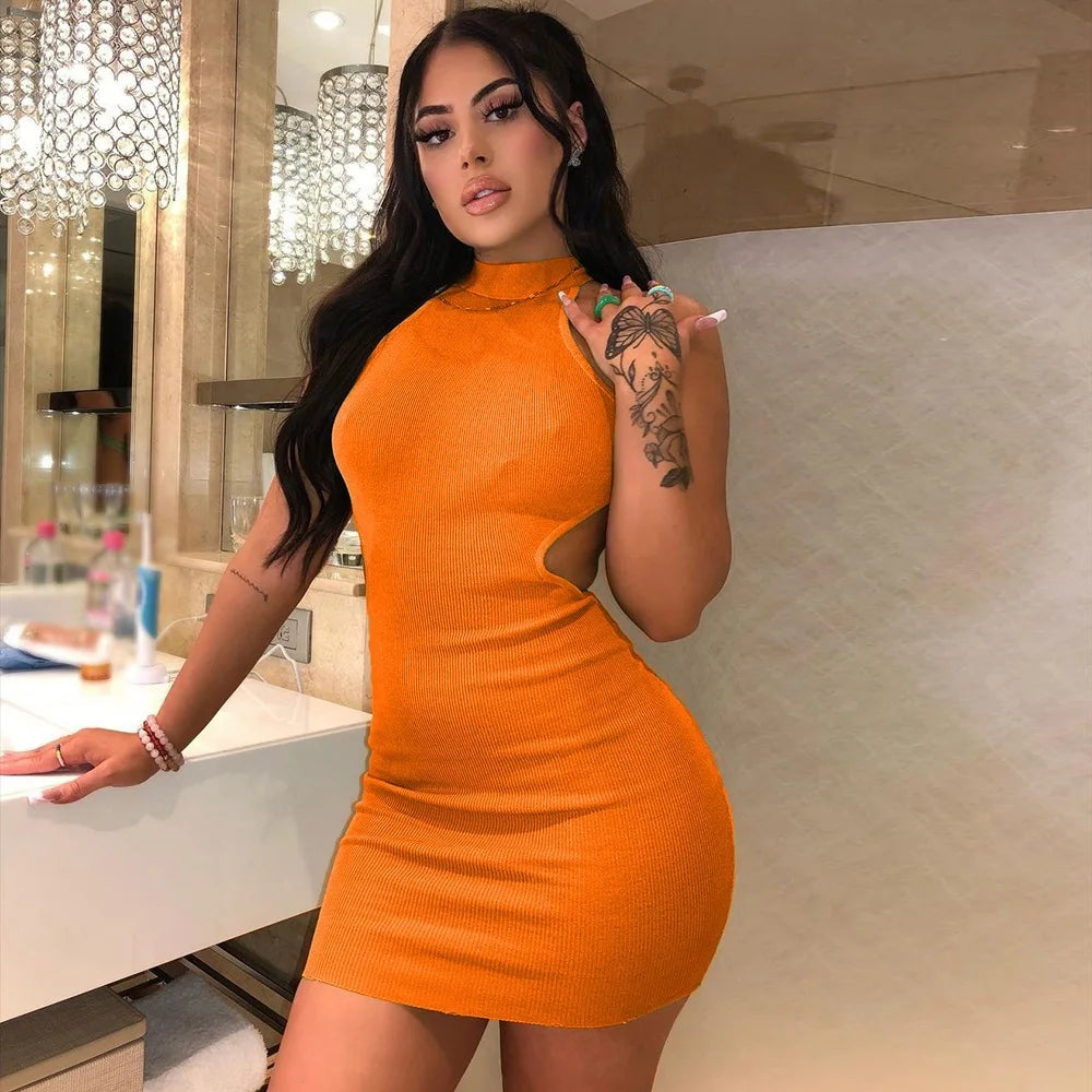 High Neck Hollow Cutout Dress With Back and Bust Details