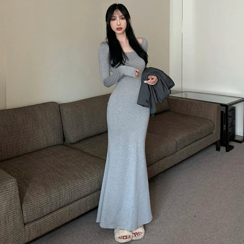 Korean Style Square Neck Wrap Dress With Fishtail Hem