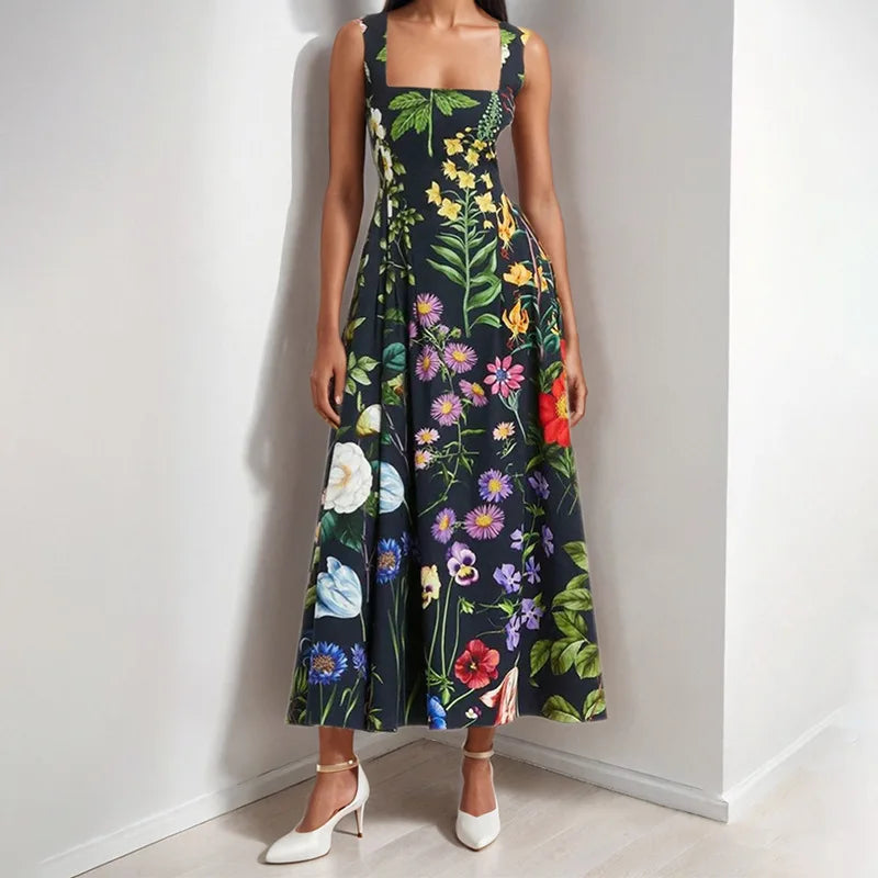 Womens Floral Print Backless Dress With Square Collar