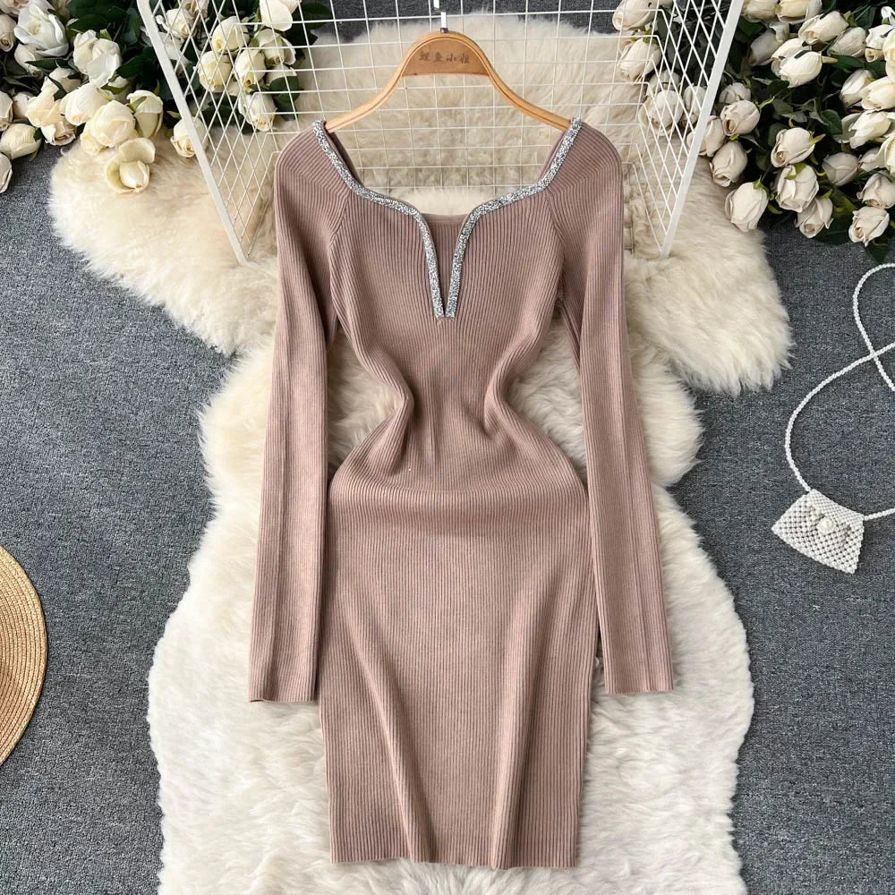 Knit Bodycon Dress For Women Long Sleeve Winter Sweater