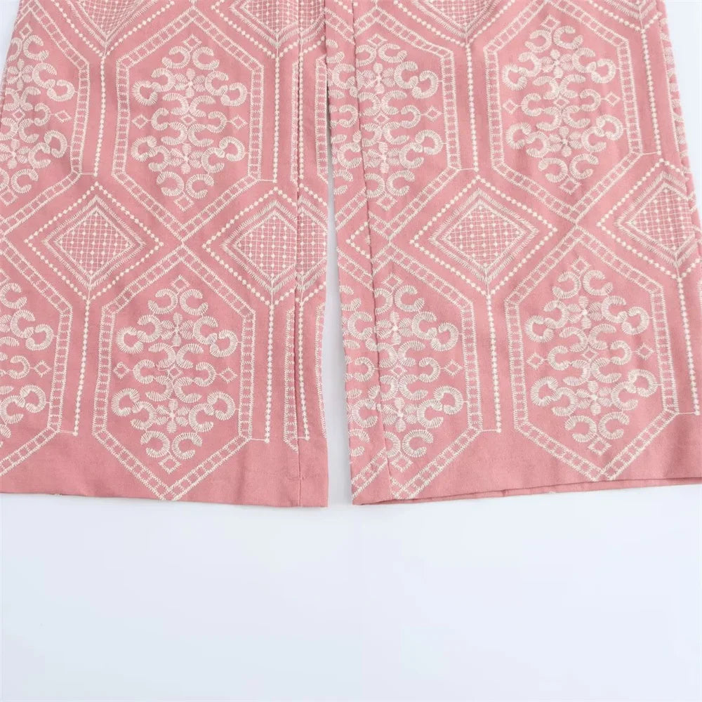 V-Neck Embroidered Kimono Style Mid-Length Windbreaker and High Waisted Straight Leg Pants Set for Women