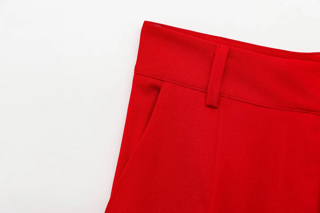 Elegant Red Belted Vest and Flared Pants Suit for Women Stylish and Versatile Two-Piece Outfit with Simple Chic Design