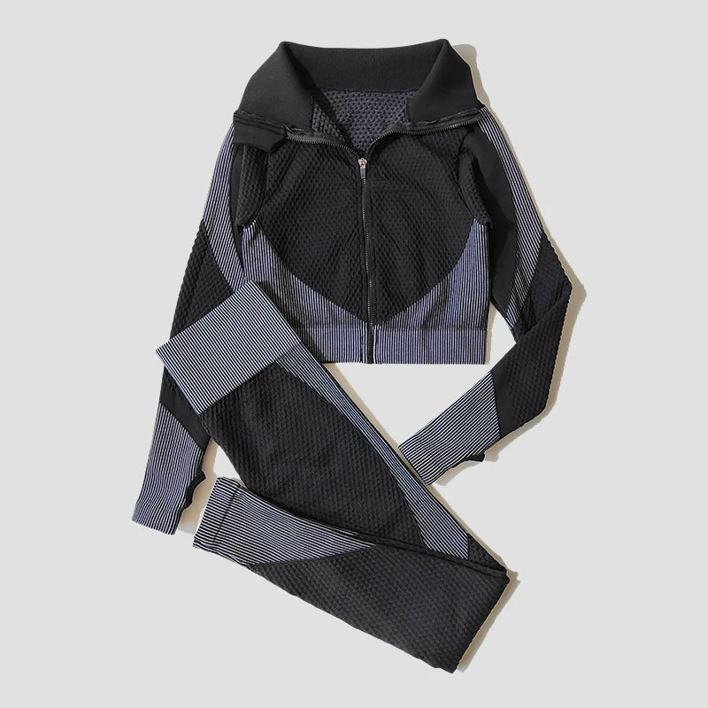 2/3Pcs Women Seamless Knitted Yoga Set with High Waist Leggings and Zipper Long Sleeve Crop Top Lightweight Stretchy Fitness Sportswear Gym Outfit