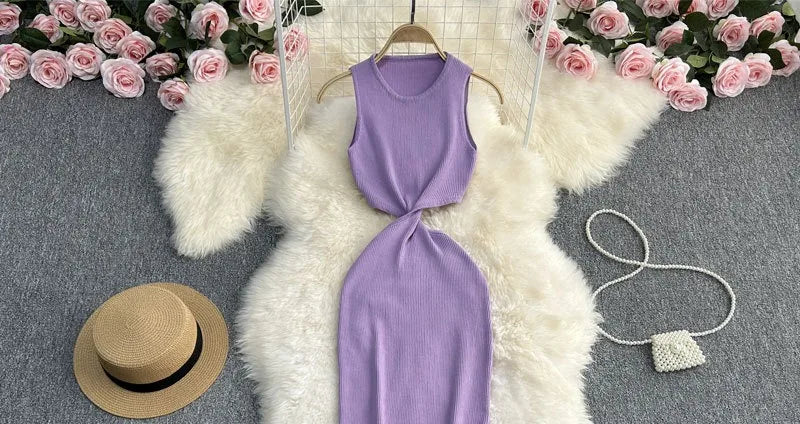 Knot Hollow Out Waist Knitted Bodycon Maxi Dress For Women